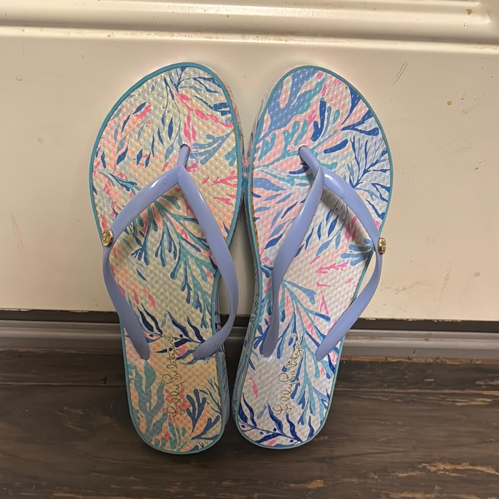 Lilly Pulitzer Blue and Pink Tropical Sandals